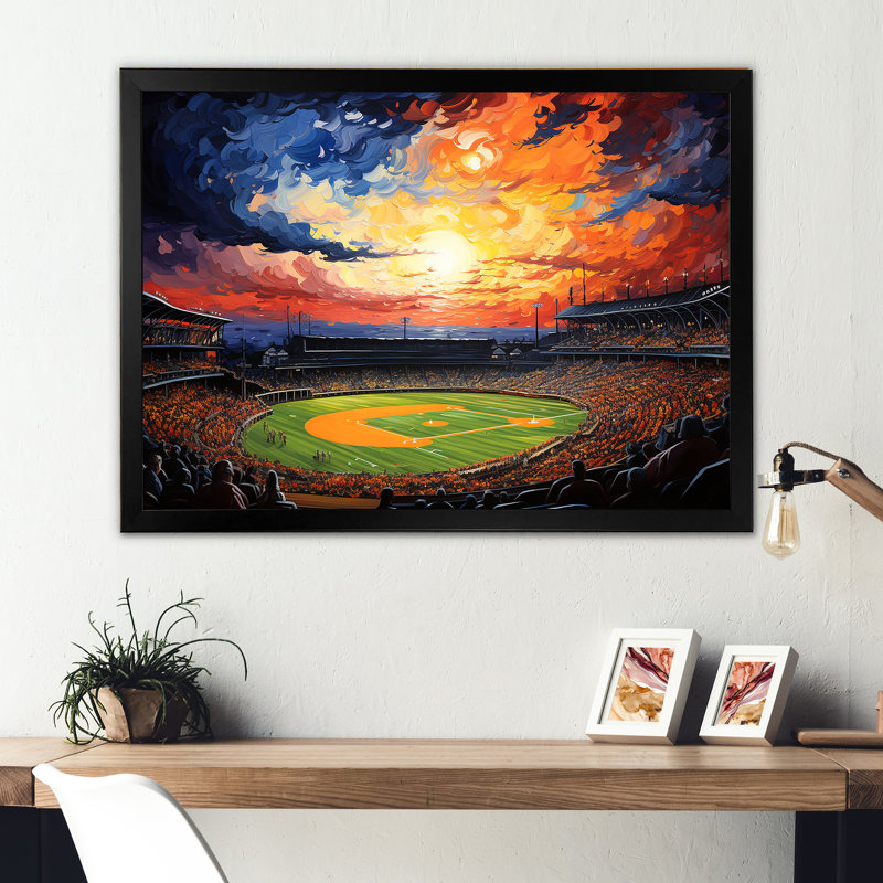 Art nocturne sur toile, "Night match", stade sous les projecteurs I, Cadre simple noir, H 34 po x l 44 po x P 1,5 po