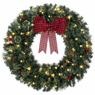 48-in Prelit Christmas Wreath with Grid Bow, PVC Artificial Crestwood Spruce Christmas Wreath with 8 Light Modes, Berries and Pinecones