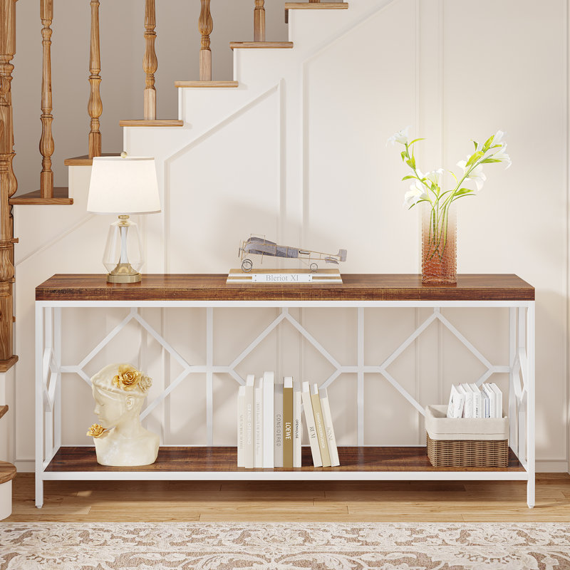 Très longue table d'appoint 70,86 po, console 2 niveaux, Brun / Blanc