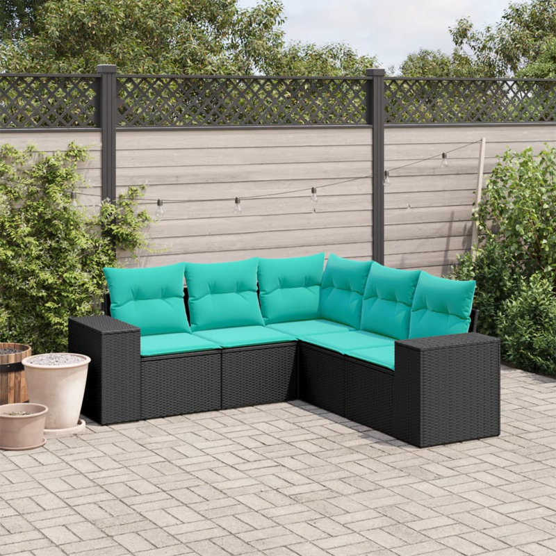  5 Piece Patio Sofa Set With Cushions Black Poly Rattan