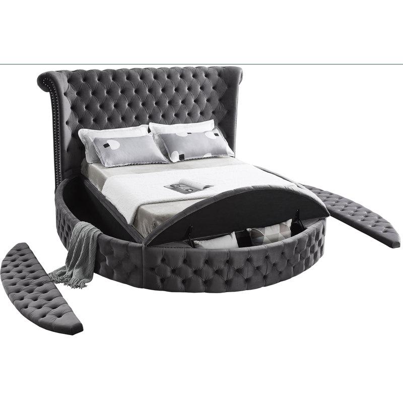 Lit plateforme tapissier avec rangement capitonné Dorgan, Très grand, Velours gris