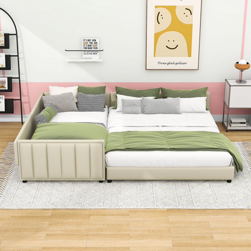 Yoli Queen Size PU Upholstered Platform Bed with Slats, Beige