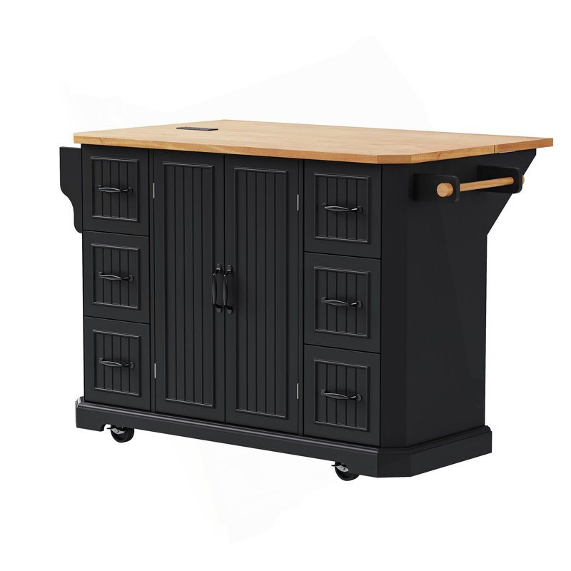 56 Inch Kitchen Island With Rubber Wood Veneer Drop Leaf, Power Outlet, 4 Door Shelves, Embossed Vertical Stripe Rolling Kitchen Cart On 4 Wheels With 6 Deep Drawers For Kitchen, Dining Room