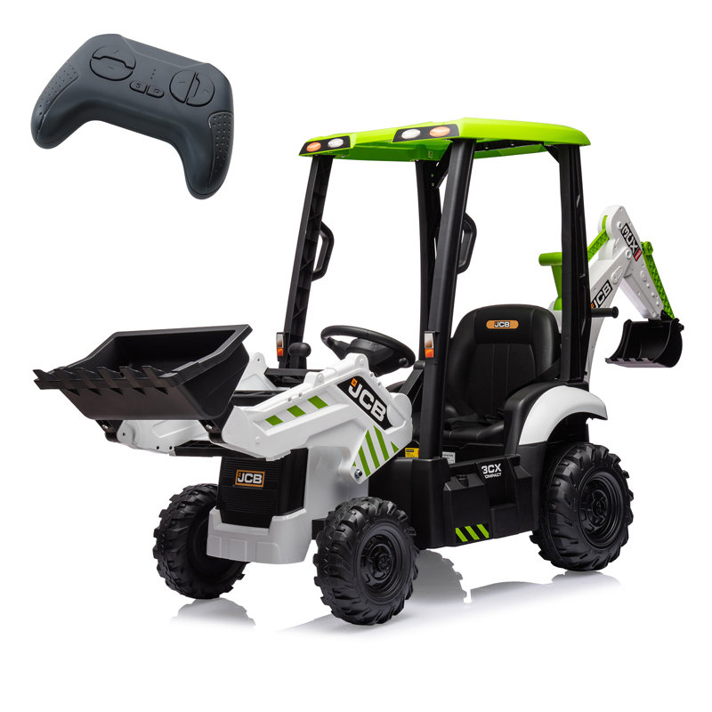 4 en 1 JCB Licensed 12V Kids Ride On Electric Car - Excavator, Bulldozer & Tractor - Télécommande, Siège réglable, Chargeur frontal, Fonction Digger, Avertisseur sonore, Pneus EVA durables - Blanc et vert