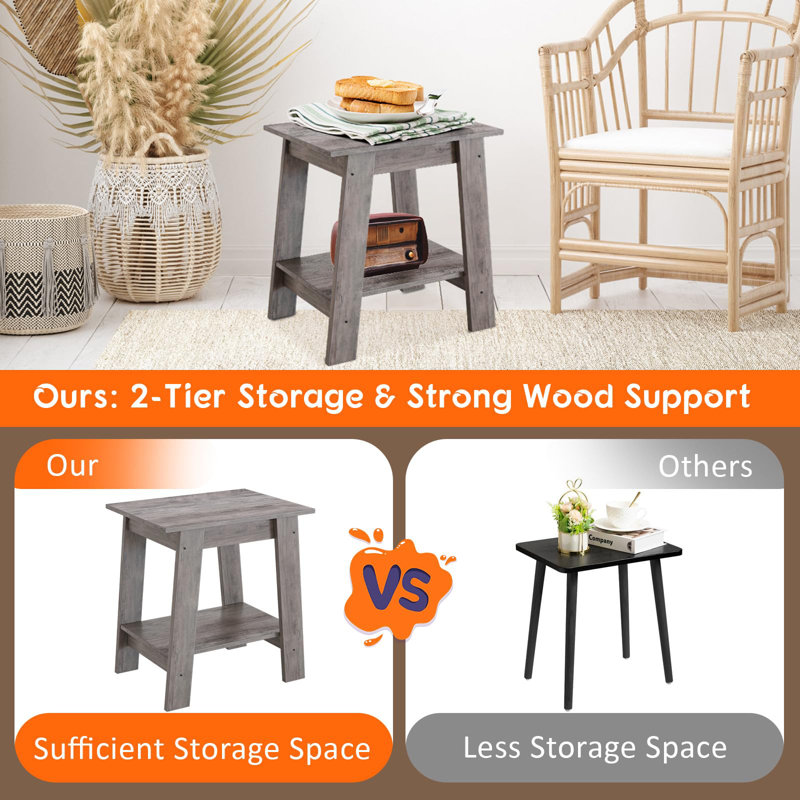 End Table, Small Side Table, Set Of 2 Nightstand With 2-Tier Storage Shelf, Wood Bedside Table, Grey