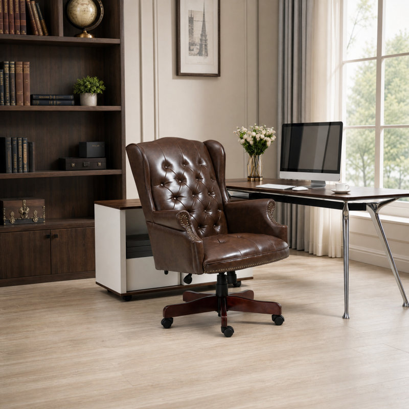 Fauteuil de direction ergonomique avec dossier capitonné, roulettes pivotantes et hauteur réglable, Brown