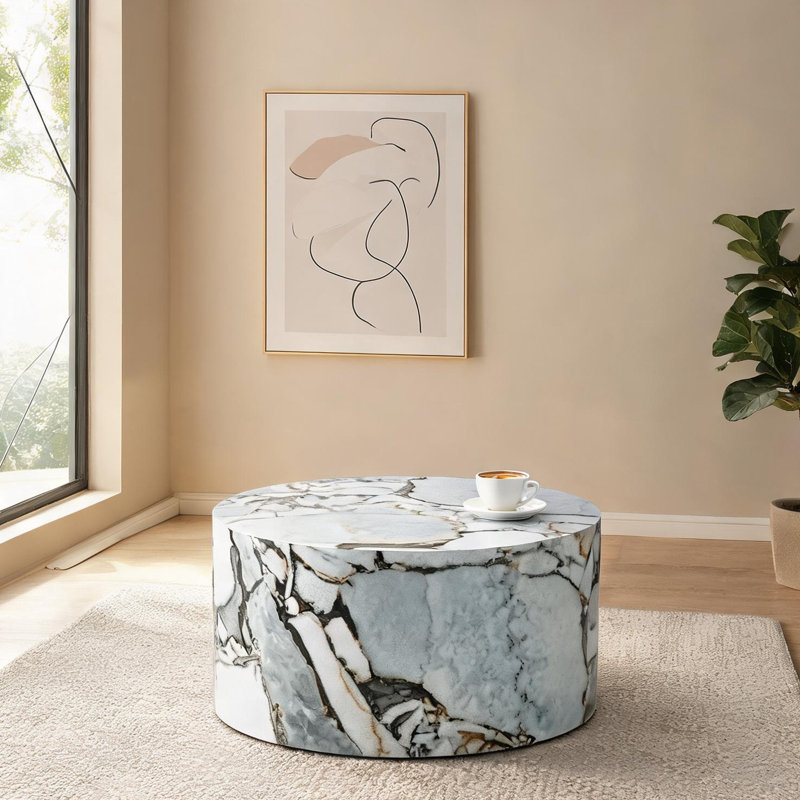 Table basse cylindrique moderne à effet marbre, panneau de fibres à densité moyenne blanc classique, diamètre de 23,6 pouces, base cylindrique compacte pour le salon