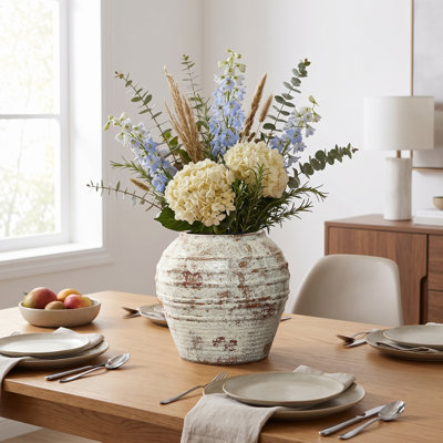 11.8'' Tall Round Rustic Off-White Distressed Terracotta-Style Ceramic Vase