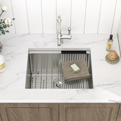 24"L x 18"W 16 Gauge Stainless Steel Undermount Single Bowl Utility Sink 13" Deep Laundry Room Sink with Basket Strainer and Bottom Grid