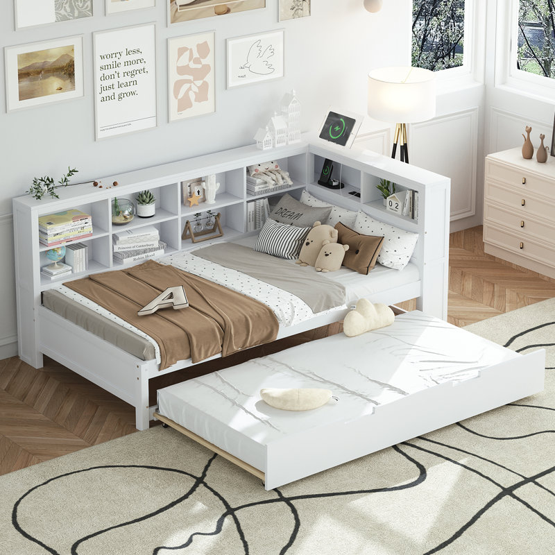 Lit de jour en bois avec couchette, chargeur USB et 2 tablettes de rangement Emareon, Lit simple, Blanc