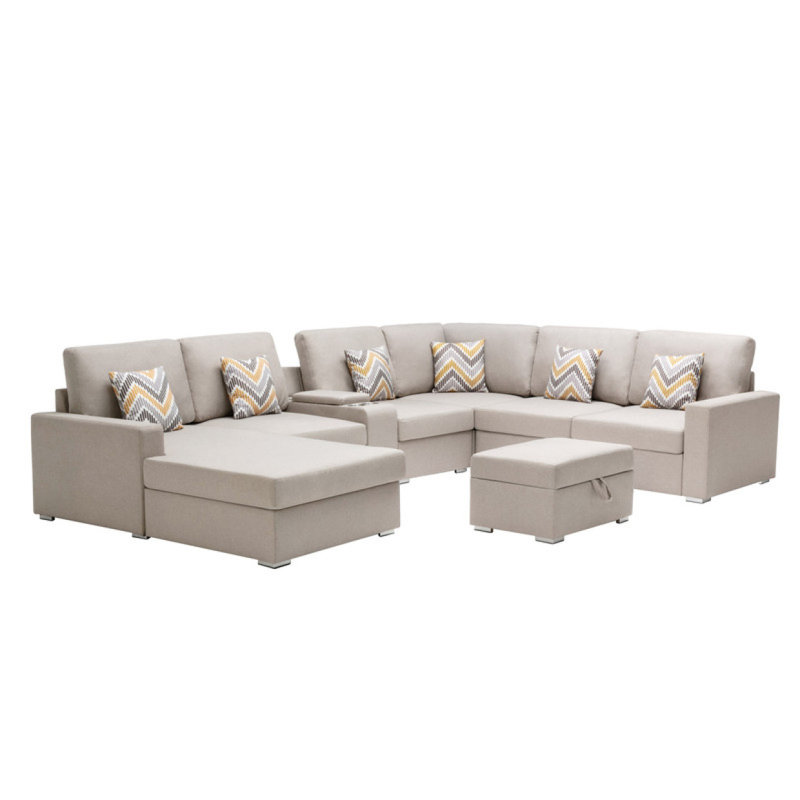 Canapé modulaire à méridienne réversible 8 pièces en tissu de 135 po avec pieds interchangeables, repose-pieds et USB