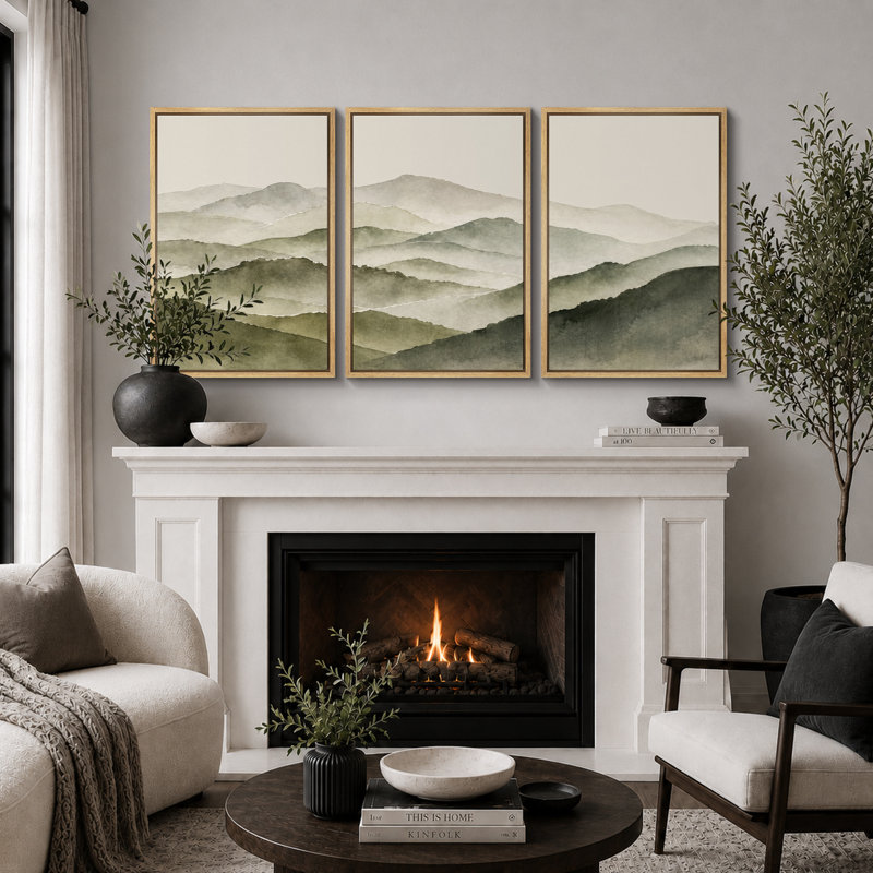 «Misty Olive Green Mountain Valley», art de chambre à coucher, impression sur toile encadrée, 3 pièces, Cadre naturel