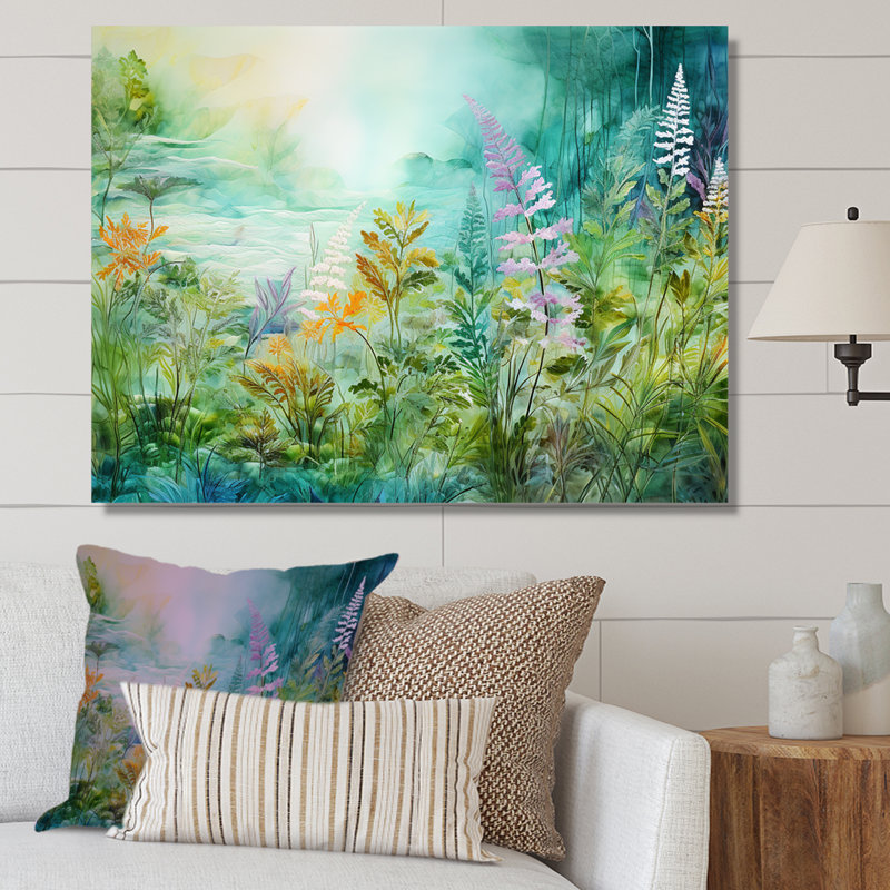 Fougères dans le champ de fleurs sauvages I - salon d'art mural champ de fleurs, Gold Picture Framed, 16" H x 32" W