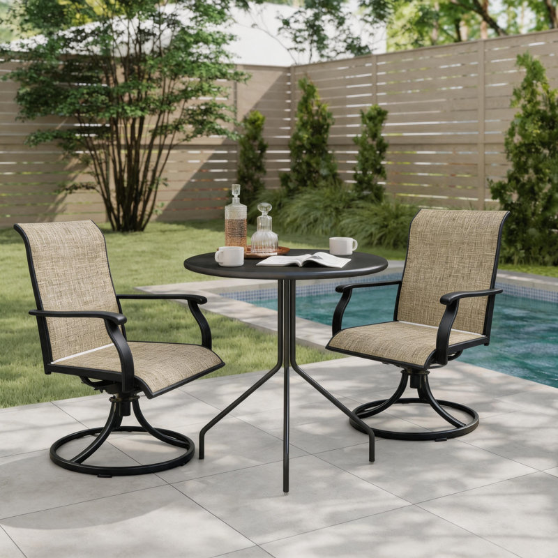 Beige Fabric Swivel Patio Chairs, 2-Piece with Black Metal Frames