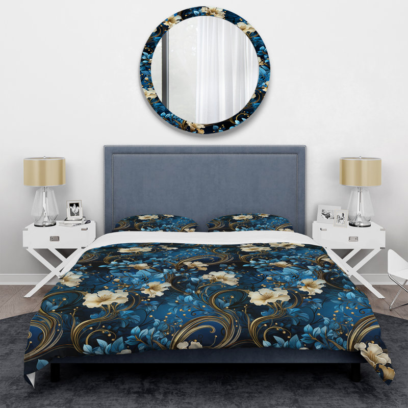 Literie Cobalt Blue Nouveau Vines Victorian, Housse de couette pour très grand lit et 2 très