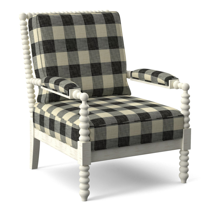 Lind Island 29" Wide Lounge Chair, Antique Frost White Finish, Black Buffalo Check; 0120-81