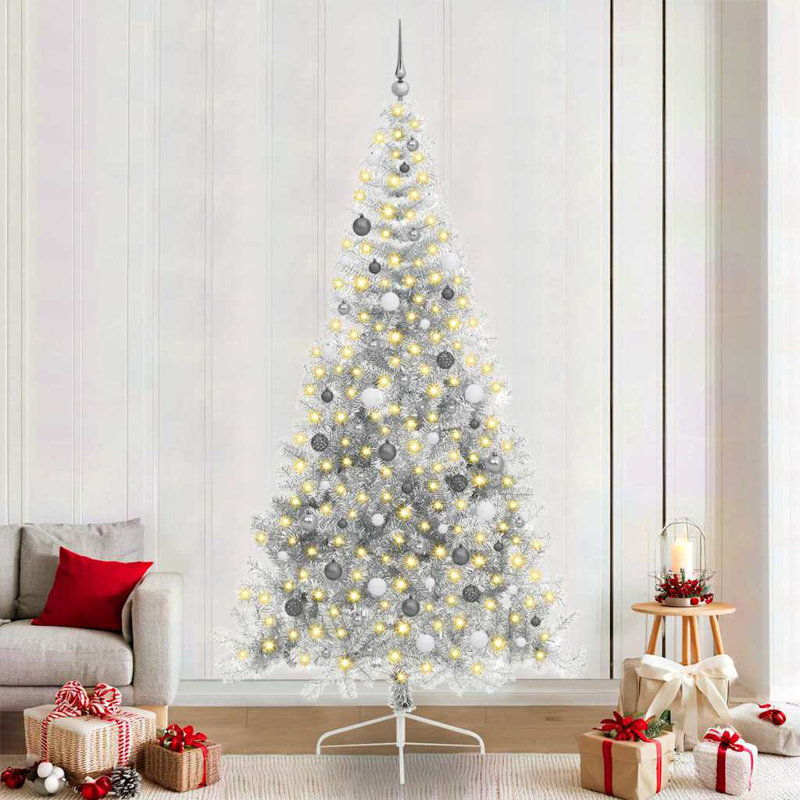7.87' H Lighted Artificial Christmas Tree, Silver, 240 cm, with 120 White/Grey Balls