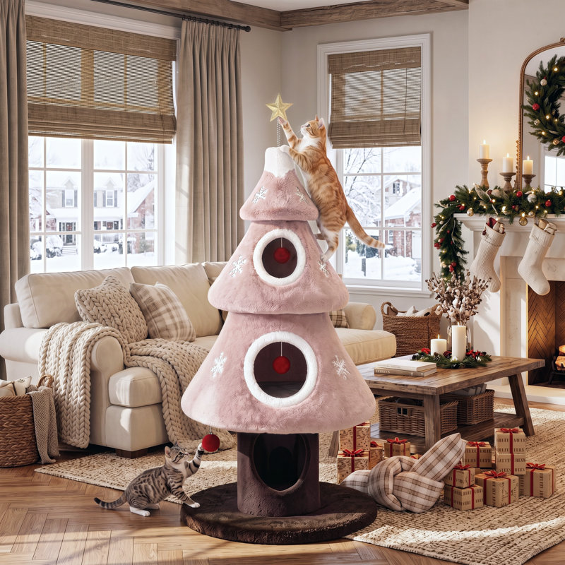 Arbre à chat 56 po avec 3 condos, flocons de neige interactifs et base renforcée, Rose