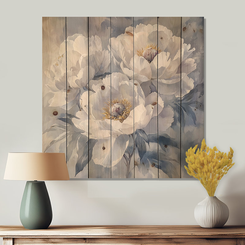 Frosted Monochrome Peonies Flowers I - Peonies Wood Print - On Natural Pine Wood, 25" H x 25" W x 0.78" D