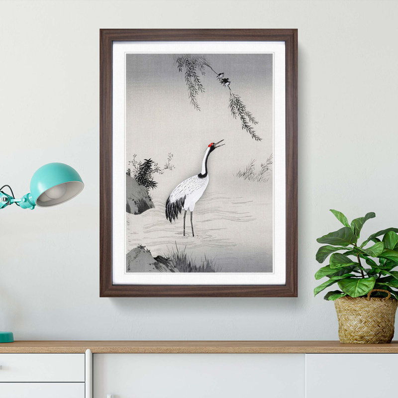 Japanese Crane by Kano Motonobu - Framed Print, 87cm H x 62cm W x 2cm D, Walnut Framed