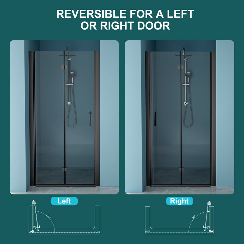 30"W X 72"H Fold Frameless Shower Door With Tempered Glass, Matte Black