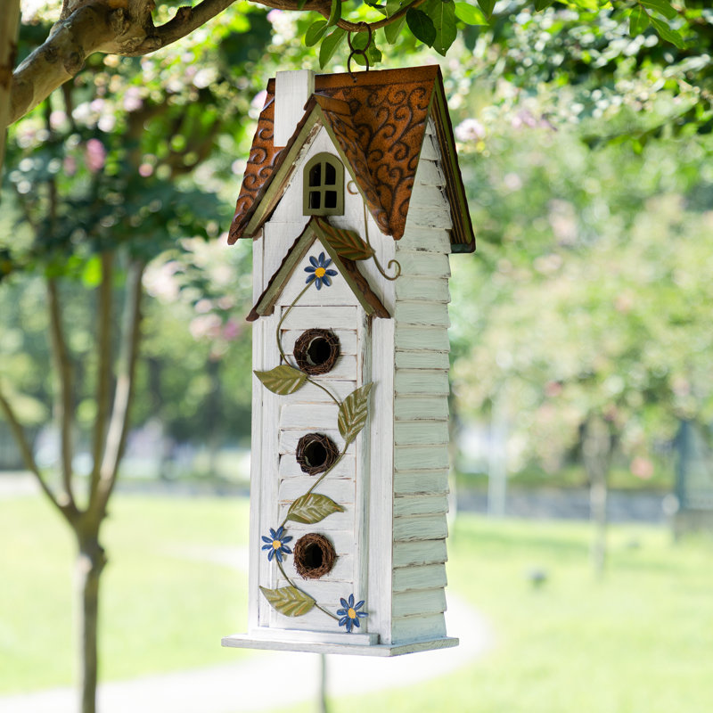 Oversized 3-Tiered Solid Wood Villa Birdhouse , 24.25"H-White, White