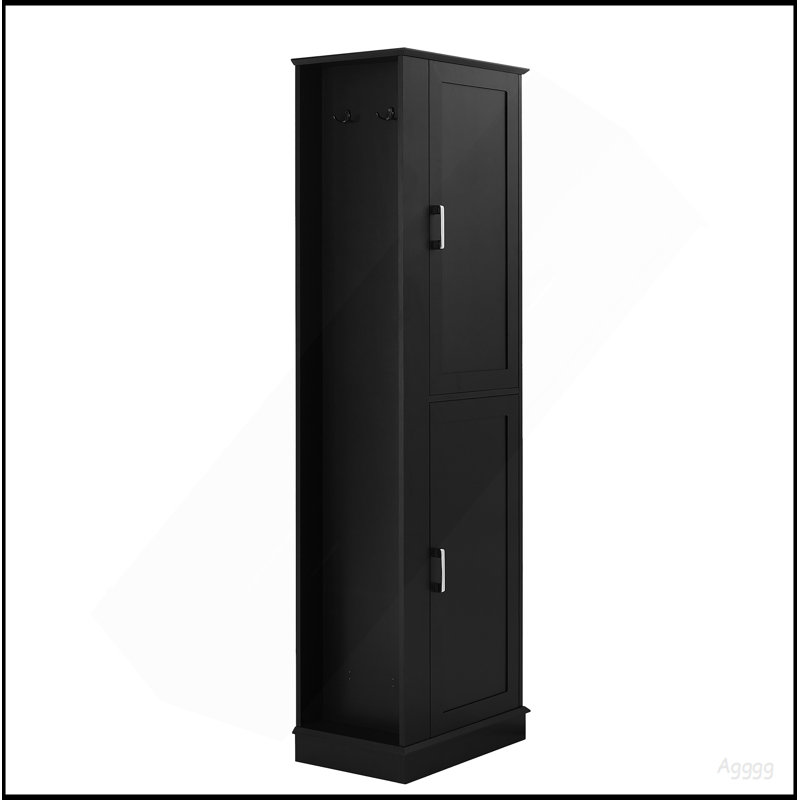 Grande armoire de rangement pour salle de bain, armoire de rangement autoportante avec crochet et tablette réglable, panneau de fibres à densité moyenne, noir