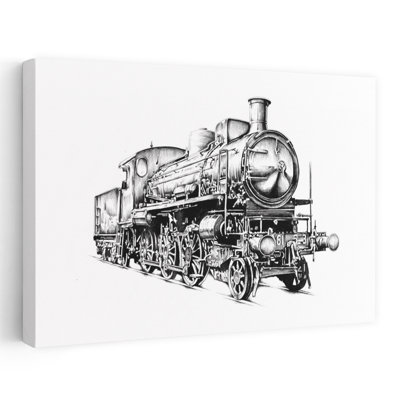 Affiche murale représentant une locomotive à vapeur classique, une architecture industrielle rétro et classique.