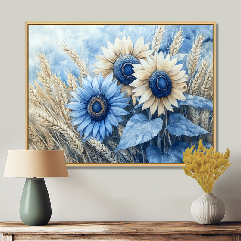 Art mural de tournesols Donasia, H 30 po x l 40 po, Impression encadrée flottante, Crème, crème