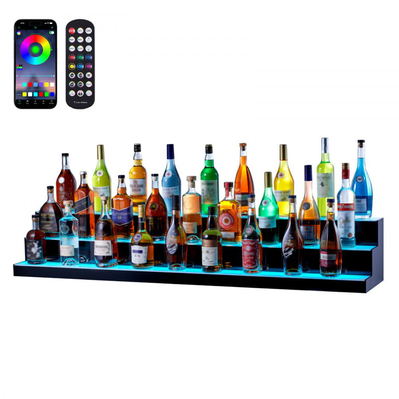 LED Lighted Liquor Bottle Display Bar Shelf RF & App Control 60" 3-Step, 10" H x 60" W x 12" D