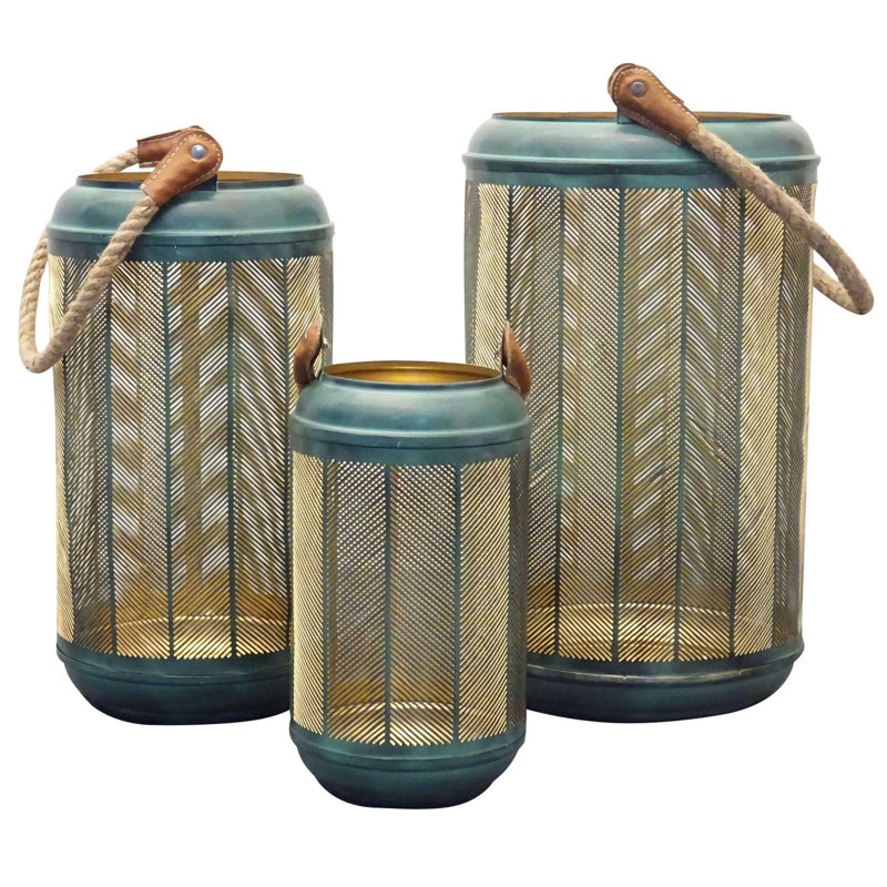 3 Piece Metal Wall Lantern Set, 25cm H x 20cm W x 20cm D, Green