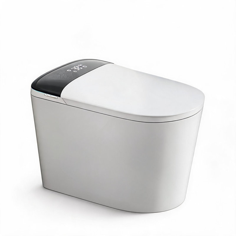 Toilettes intelligentes en céramique blanche et noire de 68,5 cm (27 pouces) avec bidet intégré, siège chauffant, chasse d'eau automatique et séchoir.