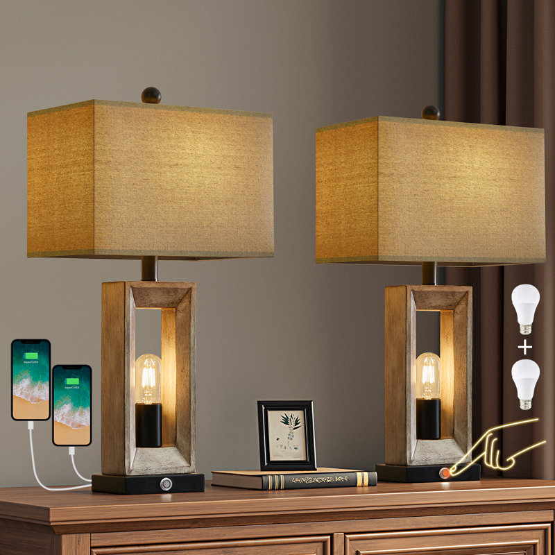 Intissar 25" Resin Lamp USB Touch Table Lamp Set Is Suitable For Bedside, Bedroom And Living Room