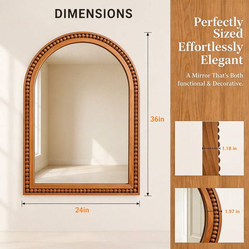 Miroir mural brun jaunâtre de 24 po x 36 po avec cadre en bois massif perlé, miroir rustique de décor de ferme pour entrée, salle de bain et salon