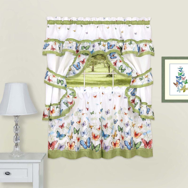 White and Green Butterfly Polyester Kitchen Tier Curtain Set