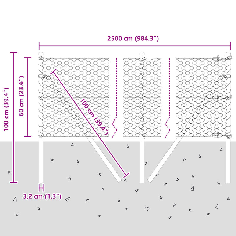 Hexagon Fence Galvanised Steel, 60cm H x 2500cm W, Silver