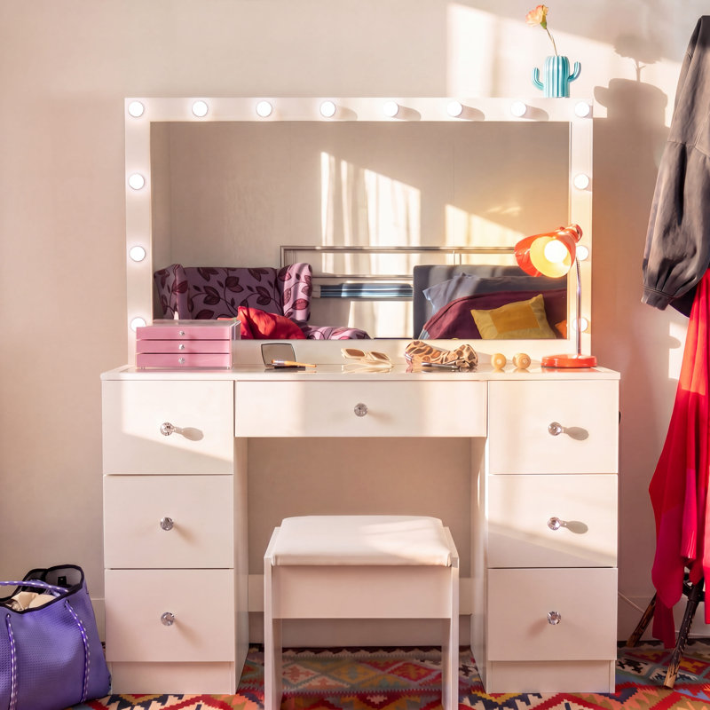 Boahaus Eve Makeup Vanity with LED Lights, Glass Top, 7 Drawers and Power Outlet, White