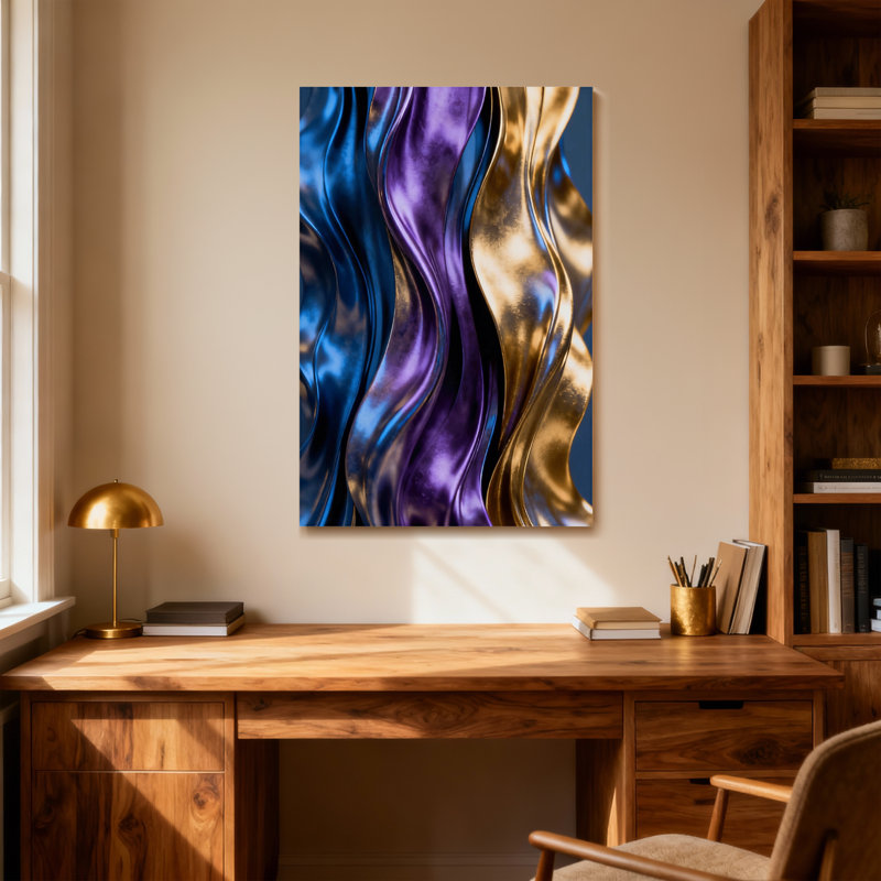Motif abstrait métallique ondulé tendance bleu mauve doré, H 36 po x l 24 po