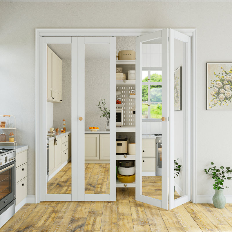 Paintable 1-Lite Mirrored Glass Solid Core Primed Bi-fold Doors with Installation Hardware Kit, 72" x 80"