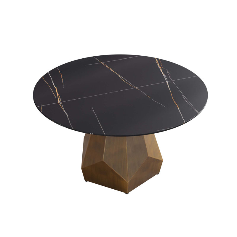 Round Artificial Marble Dining Table with Metal Base(Dining Table Only), 29.53"H x 53.15"L x 53.15"W, Black
