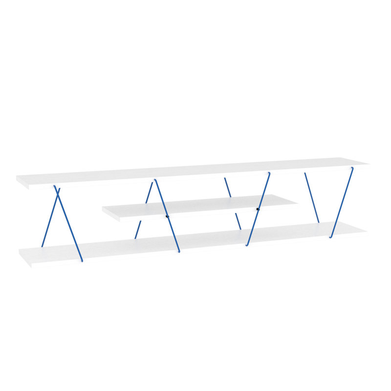 Mid Century Modern 56 Inch Low Tv Unit Tv Stand, 4 Open Shelves Storage In White And Blue Solid Wood Entertainment Centre Unit, Stand