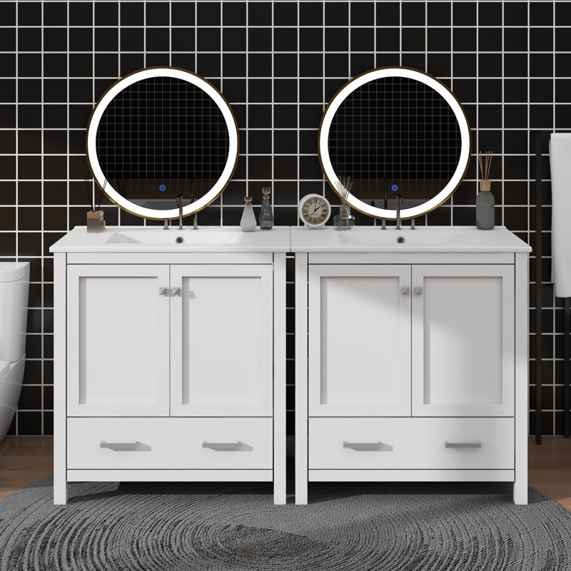 Ensemble de meuble-lavabo de salle de bain 60 po, Blanc, Gris