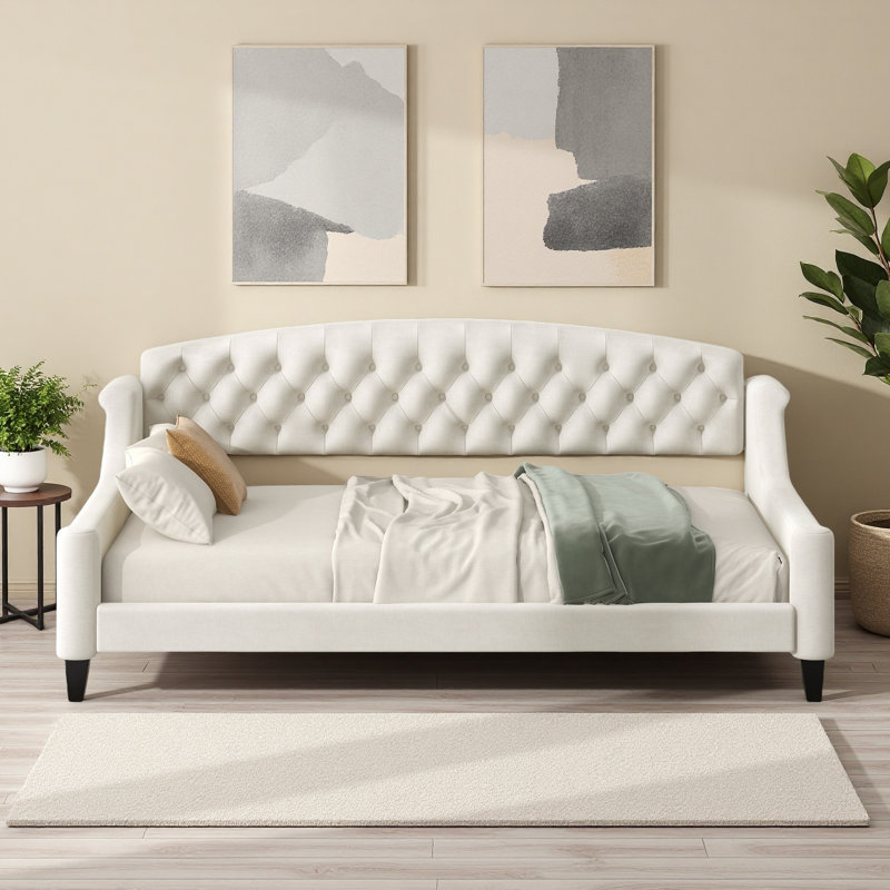 Lit de jour capitonné moderne de luxe, lit de jour simple rembourré, Beige