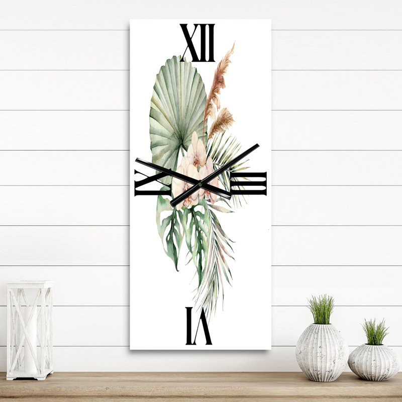 Horloge murale bouquet tropical avec orchidées feuilles de palmier, Grand