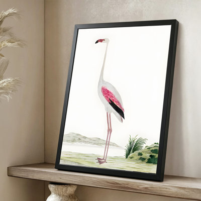 Modern Abstract Flamingo standing gracefully, pink wings and legs, Watercolor painting style. 24" x 36" Framed Canvas Wall Art in Black Wood Frame