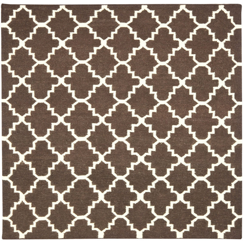 Rodgers Hand Woven Flat Weave Wool/Cotton Geometric Rug in Brown/Ivory, Square 6'