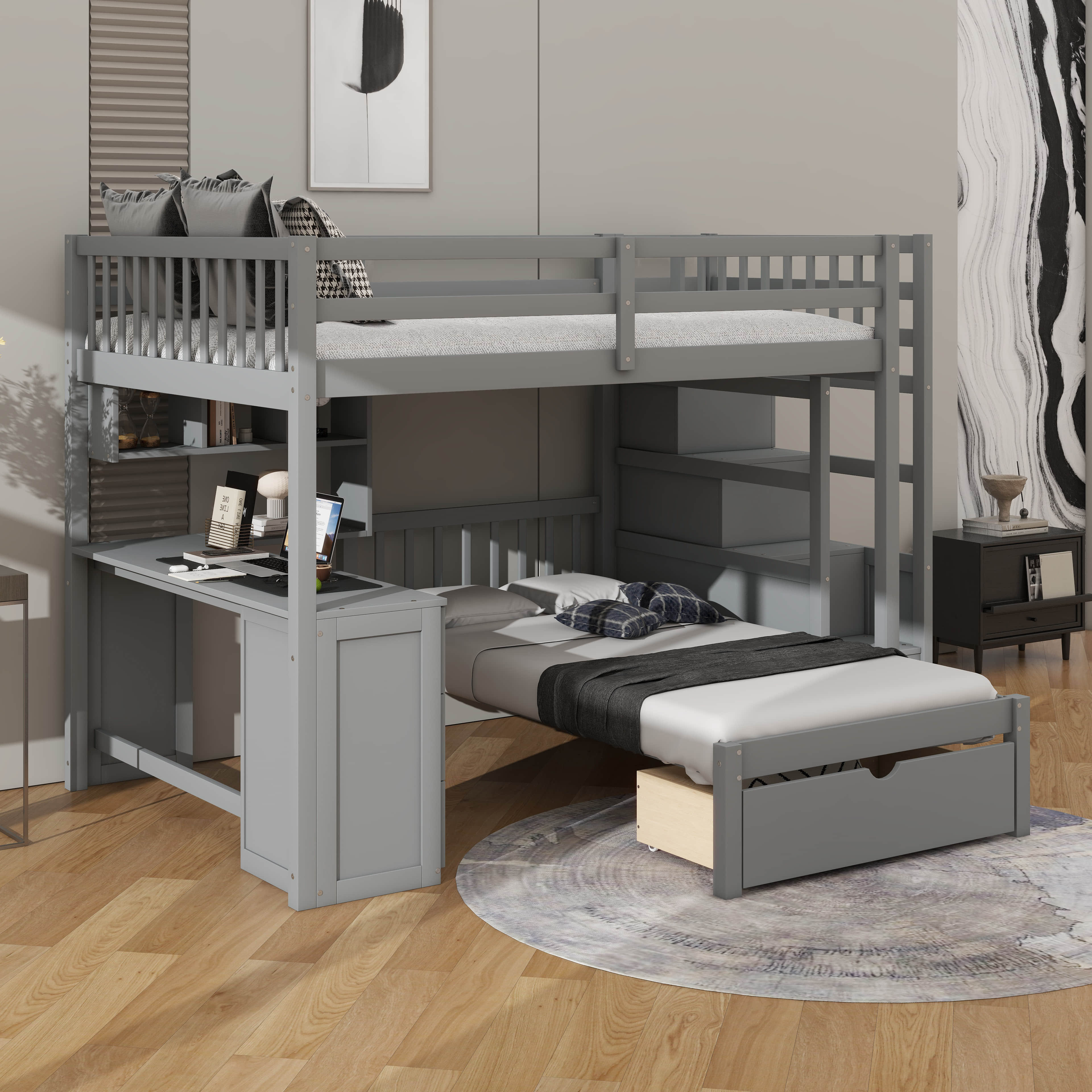 XIUYE Roomy Twin-Over-Full Bunk Bed Integrated With A Desk | Wayfair