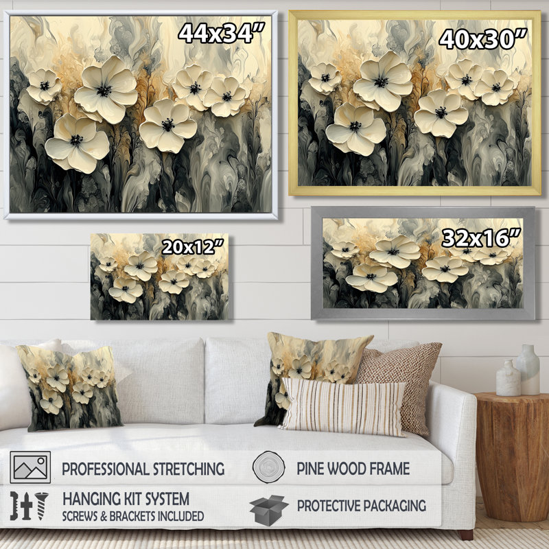 Ilaisaane crème fleurs abstraites dans le vent II - fleurs abstraites, art mural, Argent argent, H 30 po x l 40 po