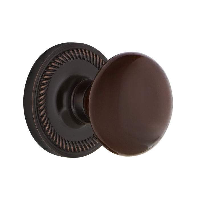 Rosette corde avec bouton de porte en porcelaine brune, 2-3/8 po, Bronze intemporel