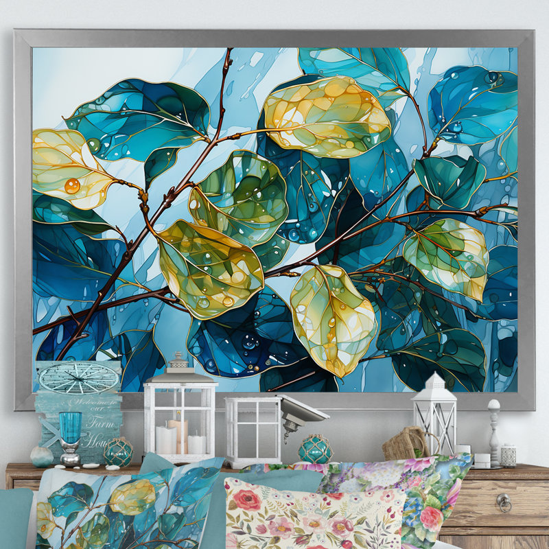 Feuilles charmantes, harmonie liquide sur toile, Cadre simple argenté, H 24 po x l 32 po x P 1 po